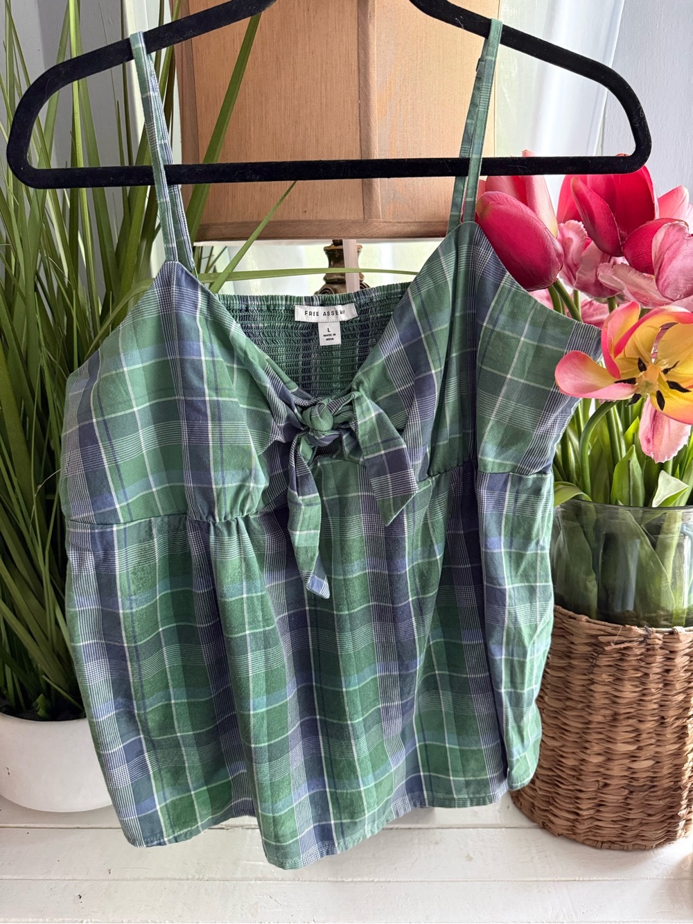 Free Assembly Green Plaid Tie Front Smocked Camisole Top Womens Large L